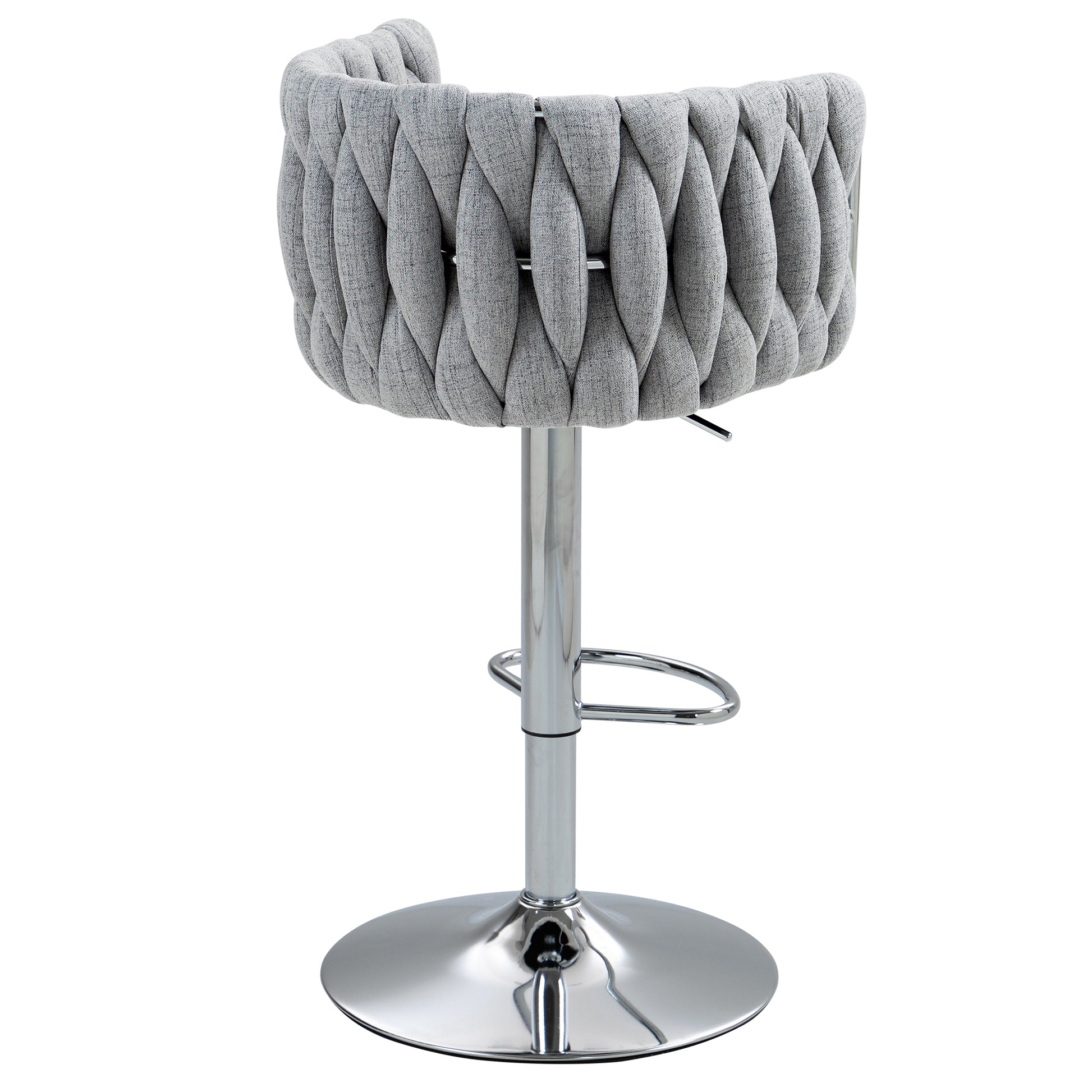 Grey fabric bar stool with braided backrest and chrome base