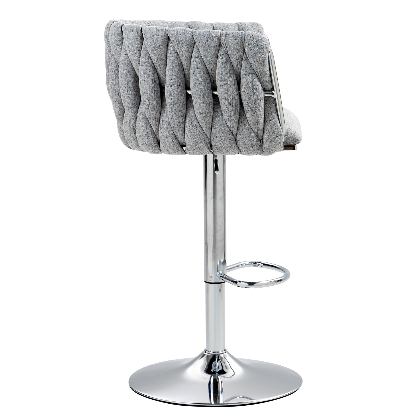 Gray upholstered bar stool with chrome base and footrest