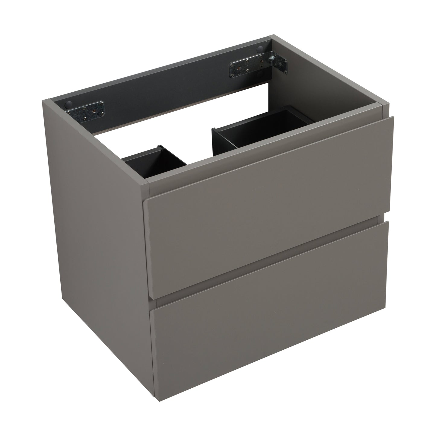 Modern grey wallmounted bathroom vanity with two deep drawers and internal dividers
