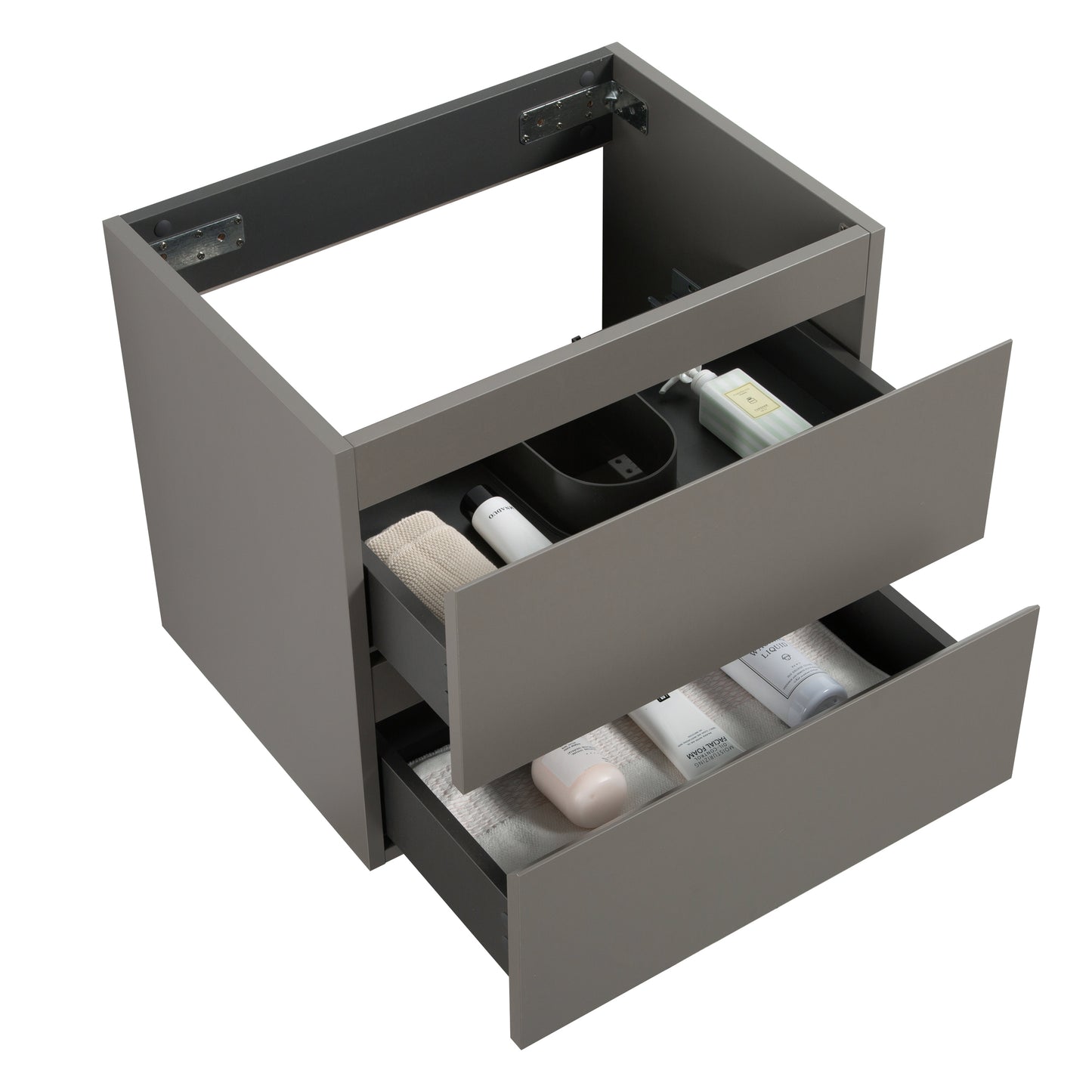 Gray modern bathroom vanity cabinet with two pullout drawers showcasing toiletries