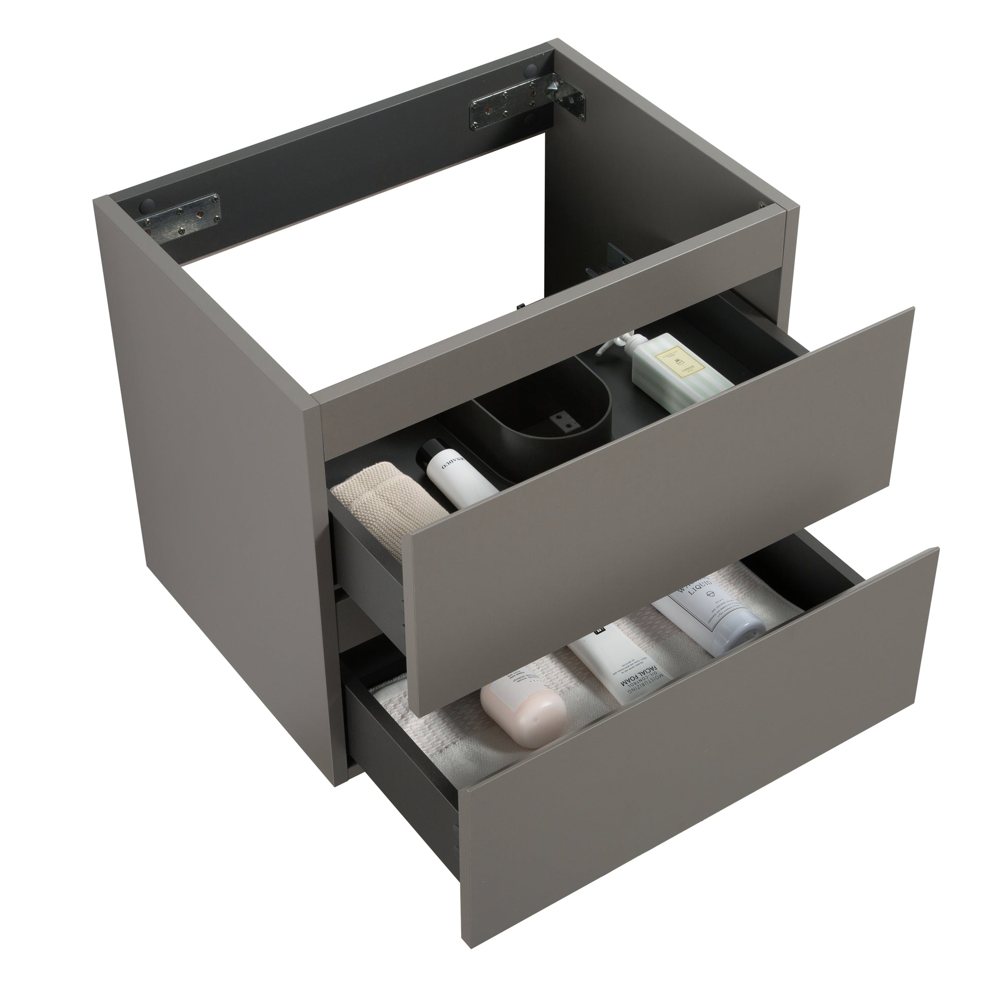 Gray modern bathroom vanity cabinet with two pullout drawers showcasing toiletries
