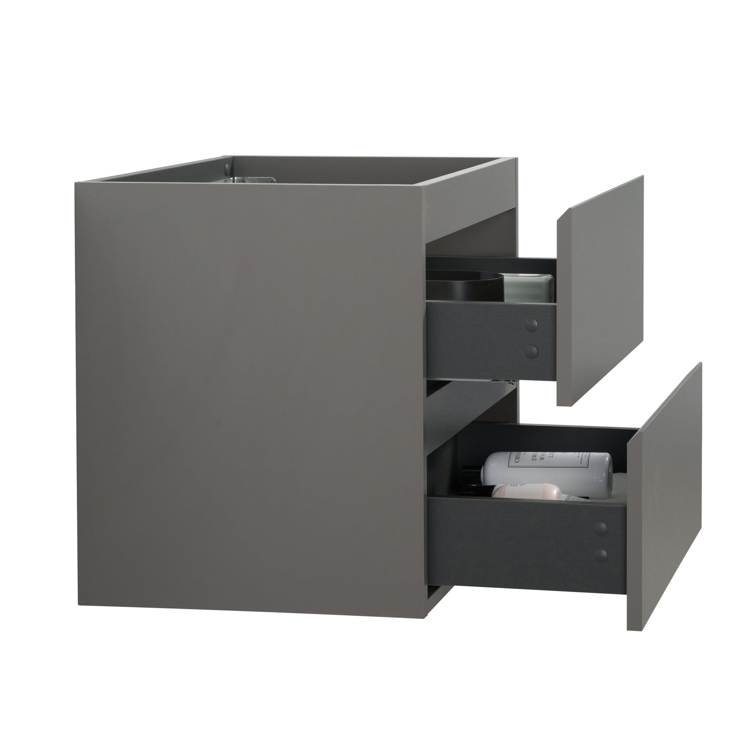 Gray modern bathroom vanity cabinet with two open drawers showcasing toiletries