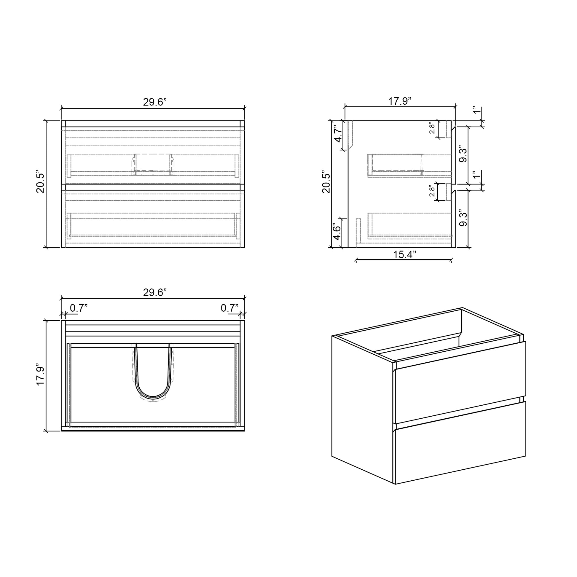 wide modern vanity with two drawers and detailed dimensions shown