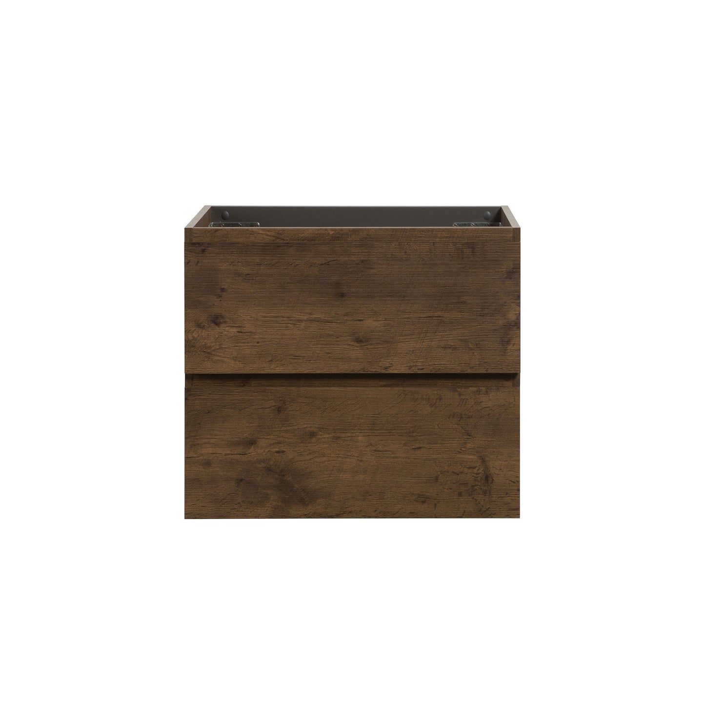 Dark wood finish vanity cabinet with two drawers and integrated drawer pulls