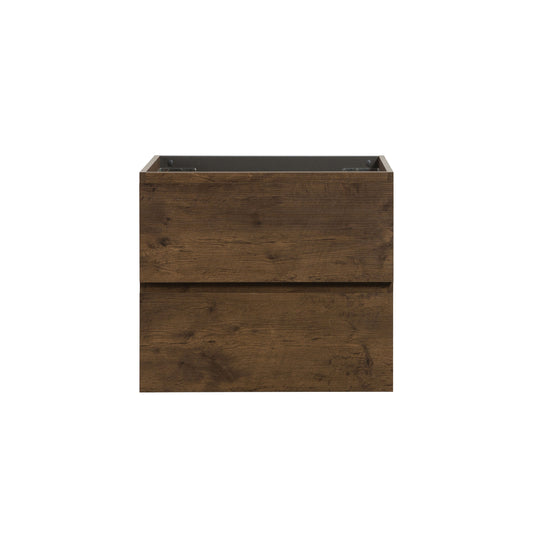 Dark wood finish vanity cabinet with two drawers and integrated drawer pulls