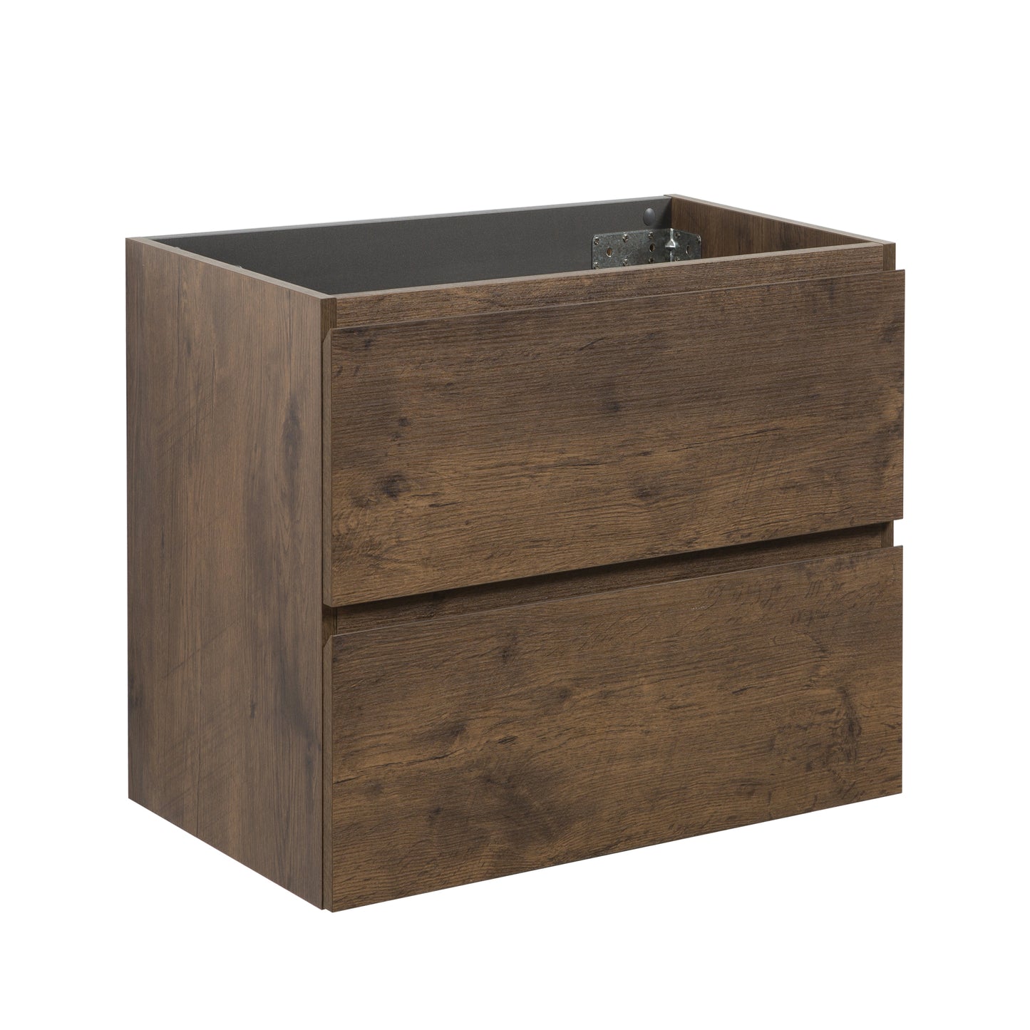 Modern brown wood grain twodrawer vanity base with clean lines for bathroom storage