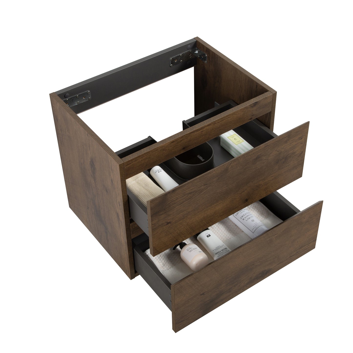 Dark wood finish bathroom vanity with two drawers open showcasing toiletries