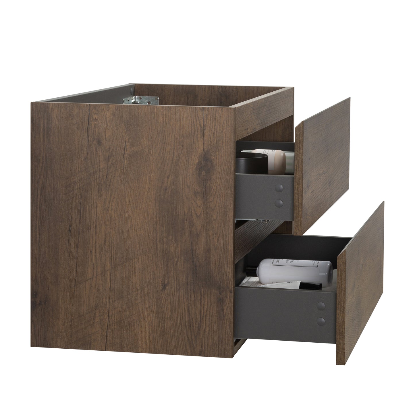 Dark oak effect vanity unit with two grey drawers open containing toiletries