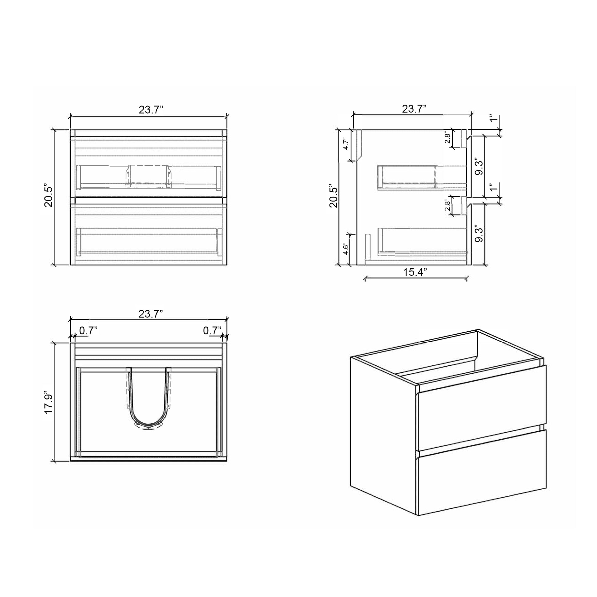 Dimensional drawing of a  inch wide wallmounted vanity cabinet with two drawers