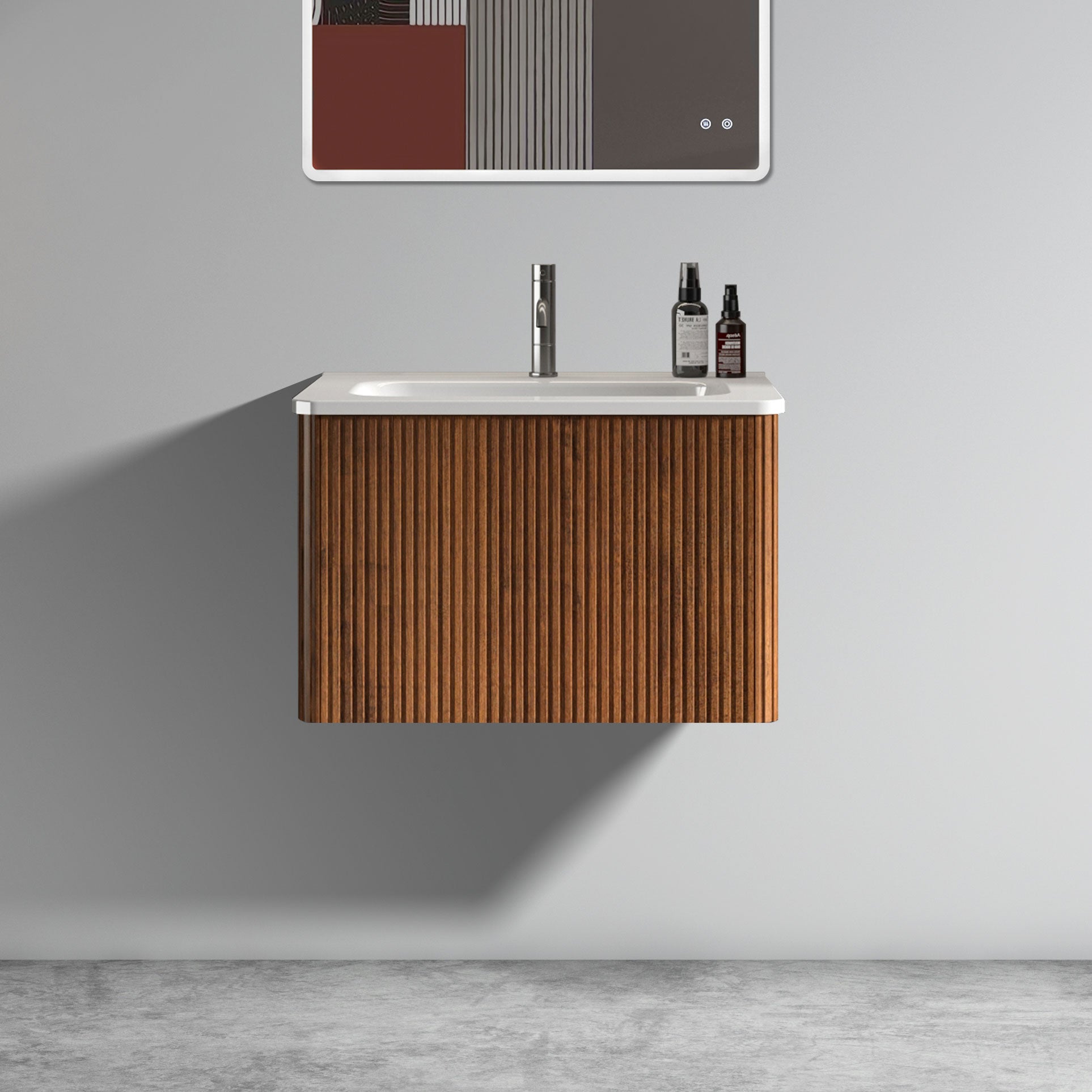 Modern wallmounted bathroom vanity with fluted walnut doors and white ceramic sink