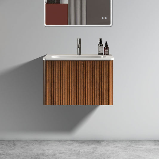 Modern wallmounted bathroom vanity with fluted walnut doors and white ceramic sink