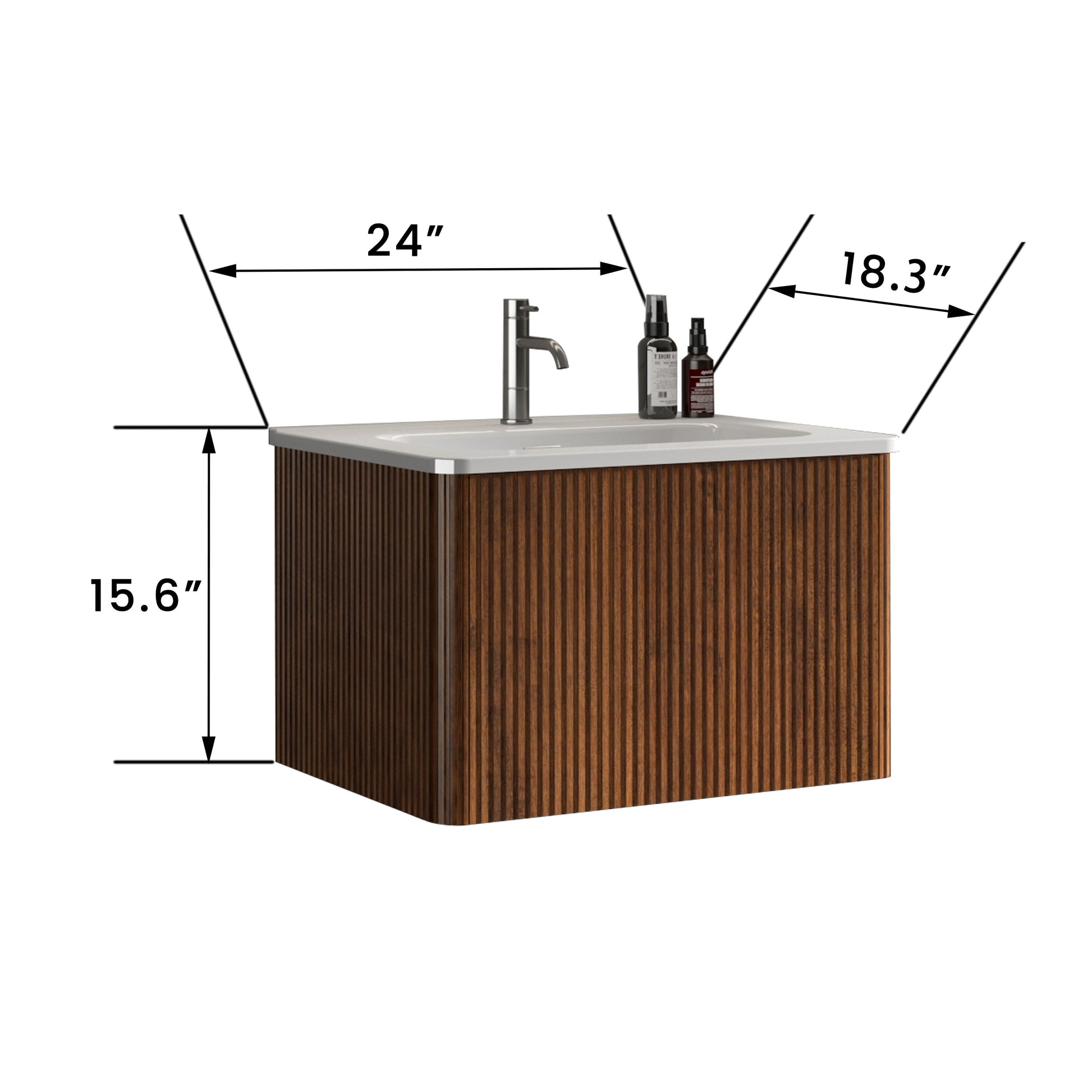 inch wallmounted vanity with fluted walnut finish and white ceramic sink