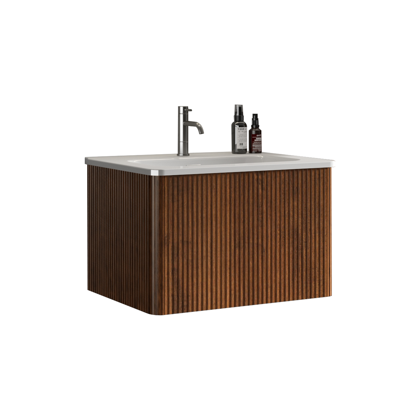 Modern wallmounted vanity with fluted wood grain cabinet and sleek chrome faucet