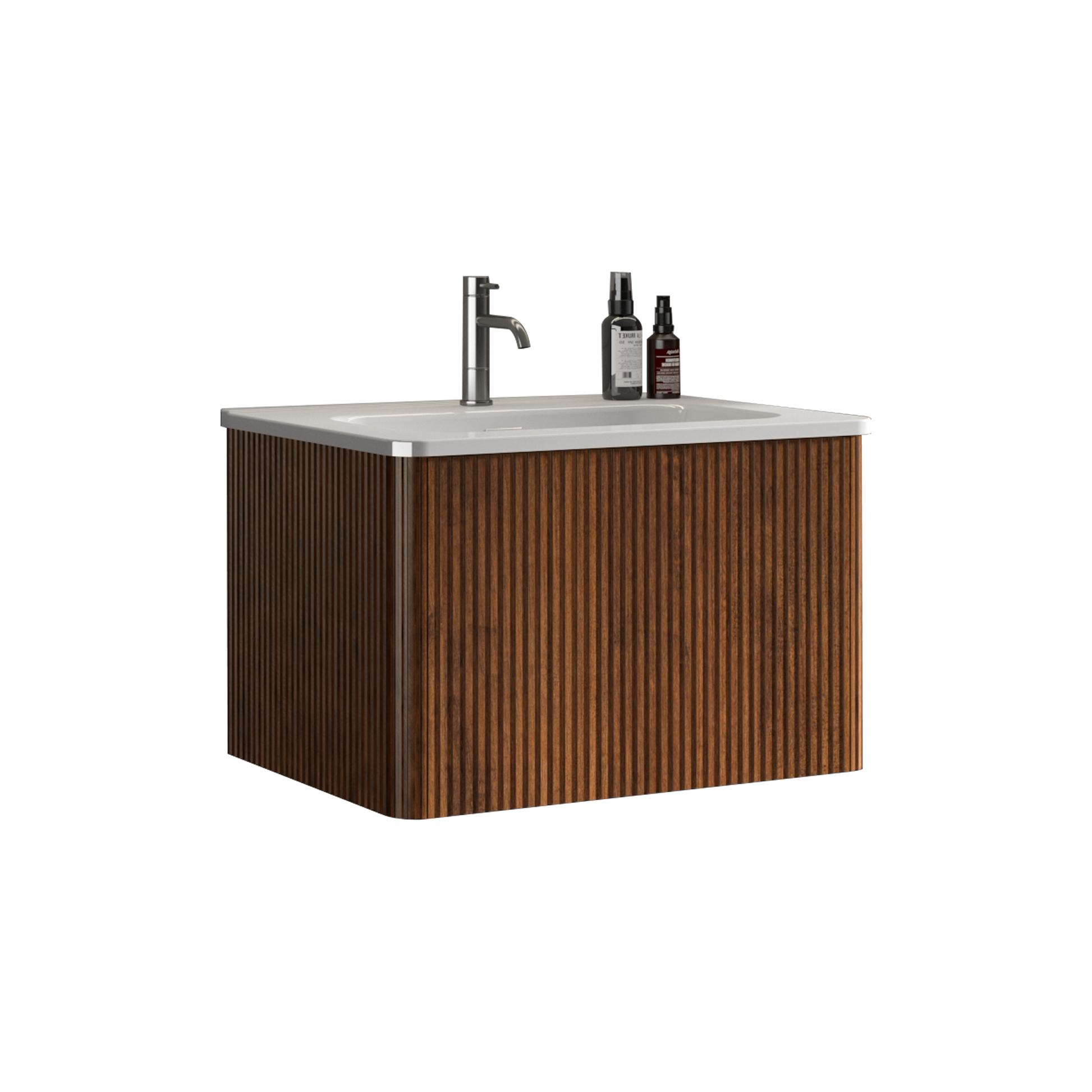 Modern wallmounted vanity with fluted wood grain cabinet and sleek chrome faucet