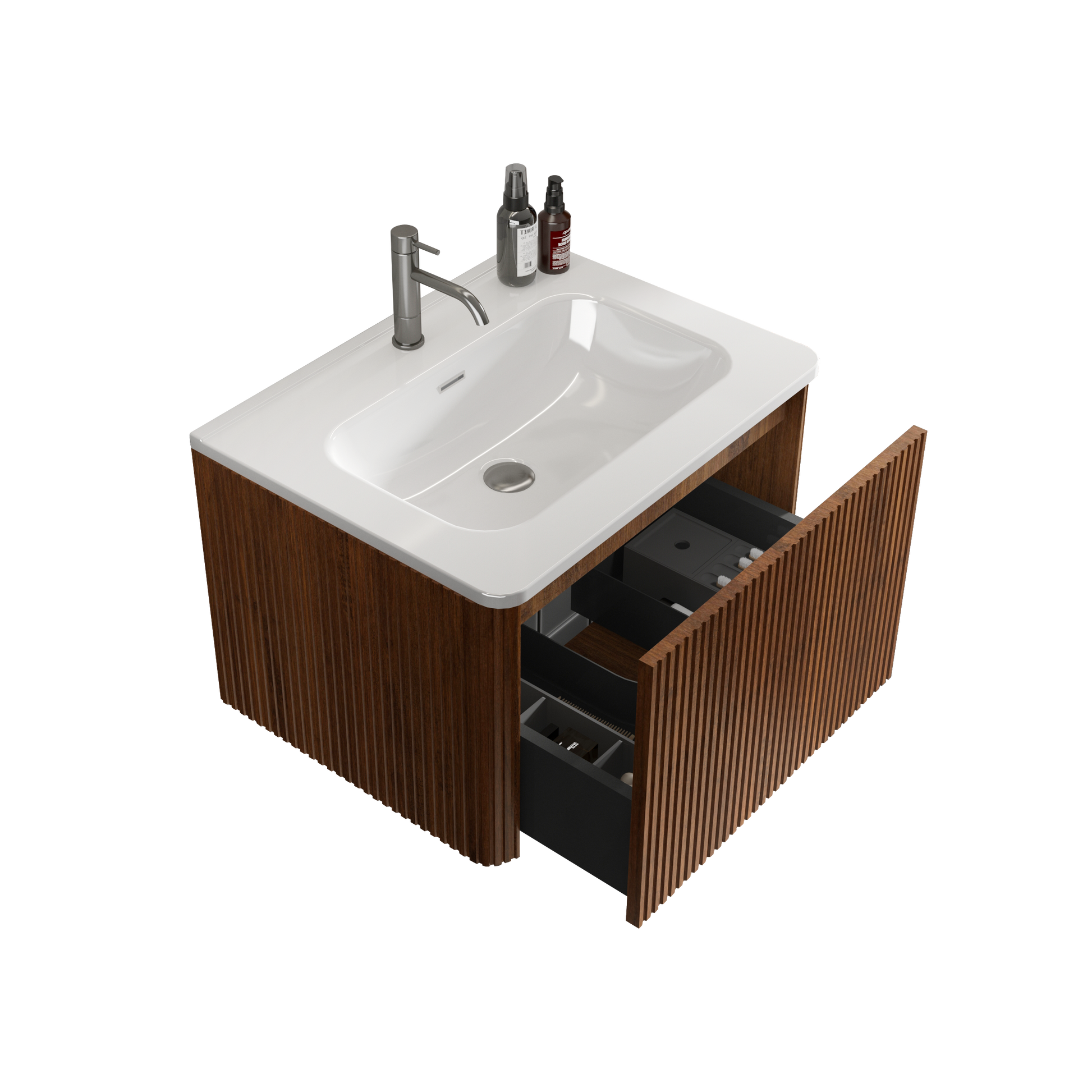 Modern walnut vanity with white ceramic sink and sleek chrome faucet