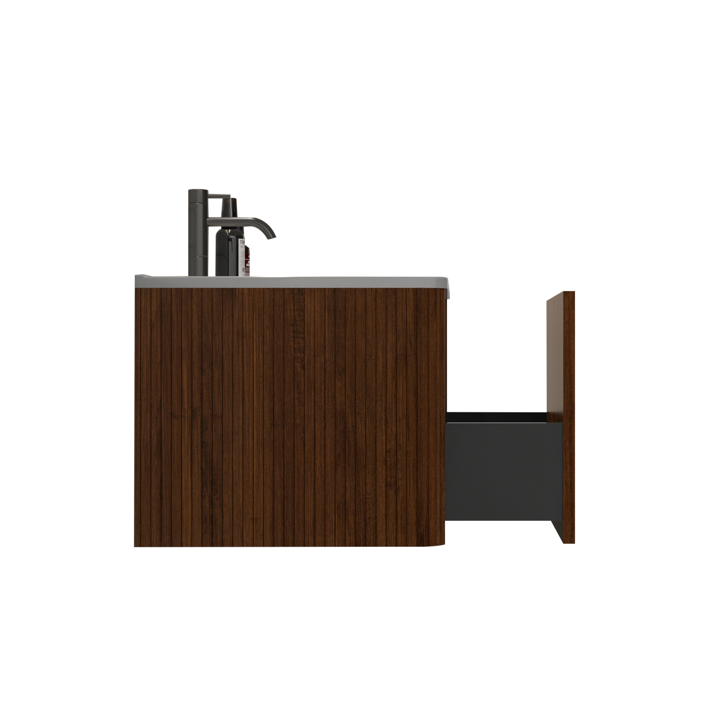 Modern walnut bathroom vanity with sleek black faucet and partially open drawer