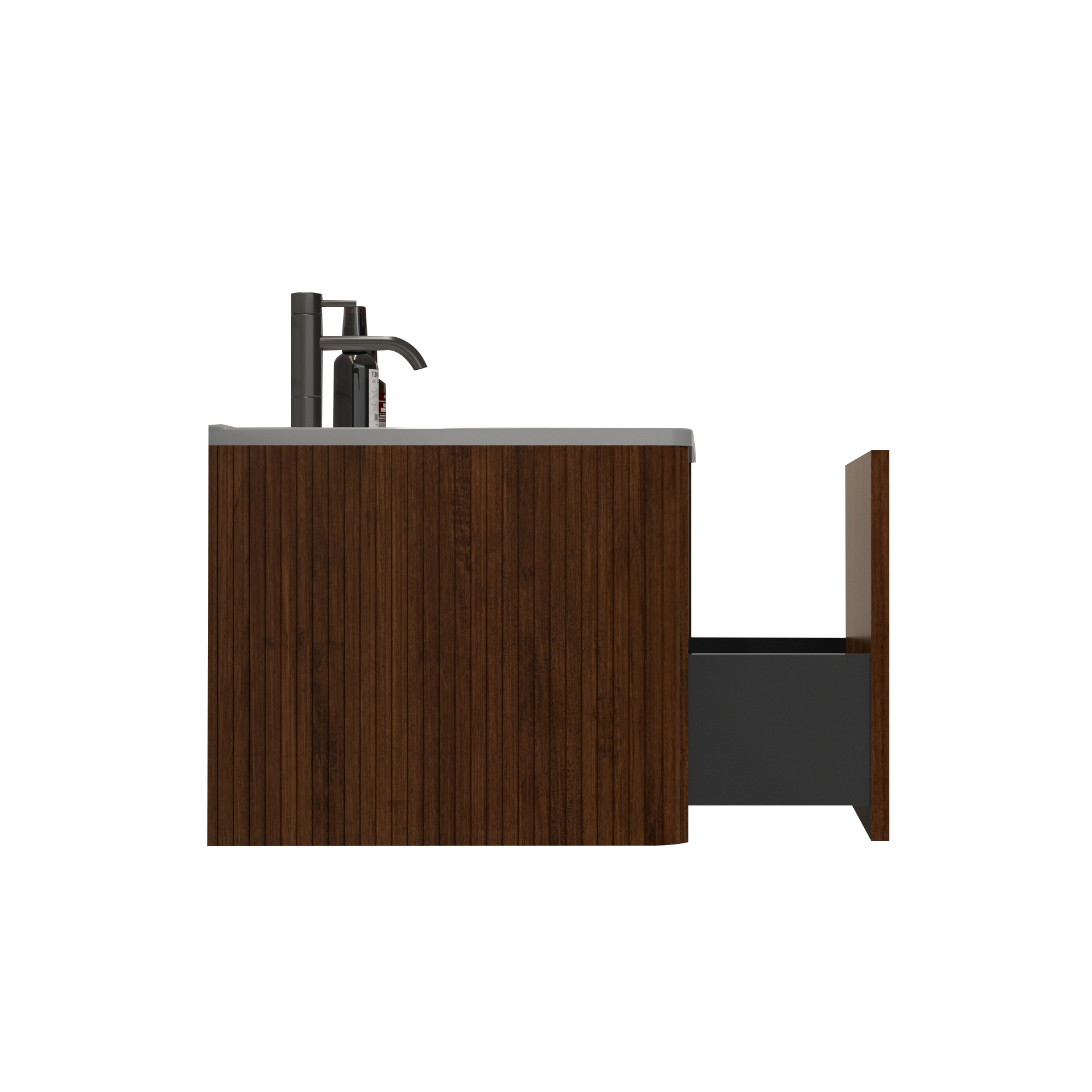 Modern walnut bathroom vanity with sleek black faucet and partially open drawer