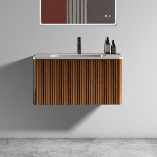 Modern walnut slatted bathroom vanity with integrated white sink and chrome faucet