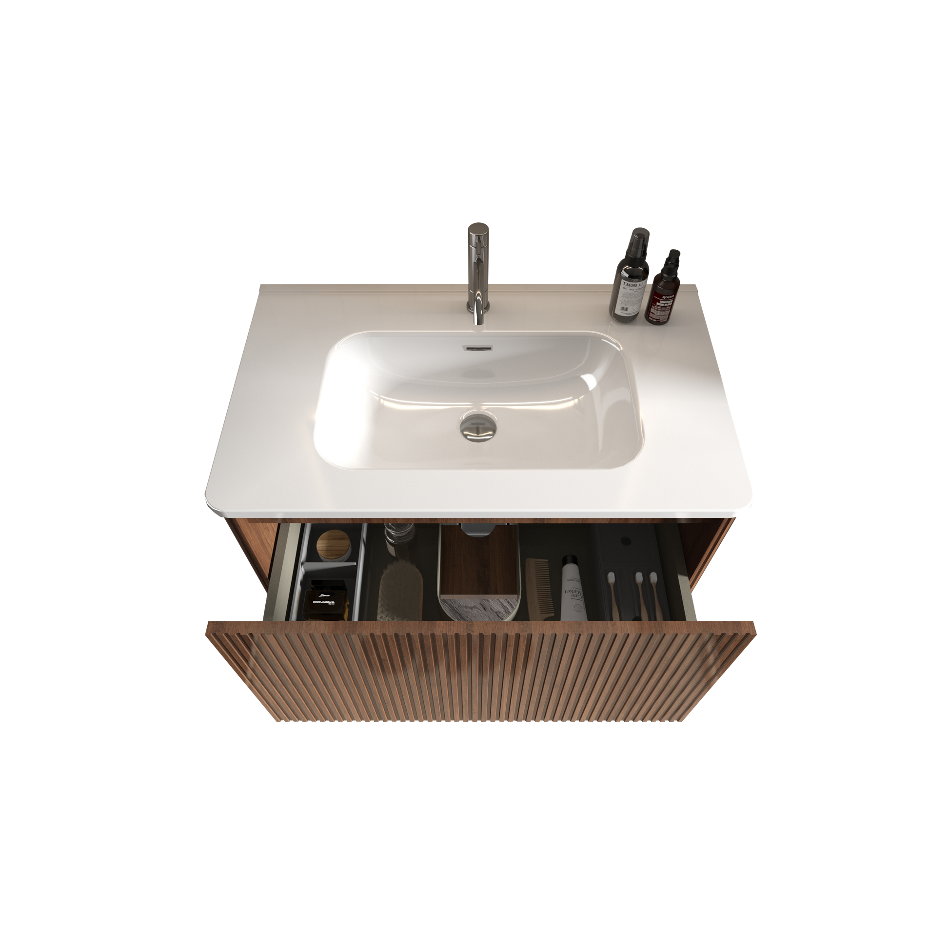 Modern white ceramic basin with polished chrome faucet open drawer displaying toiletries