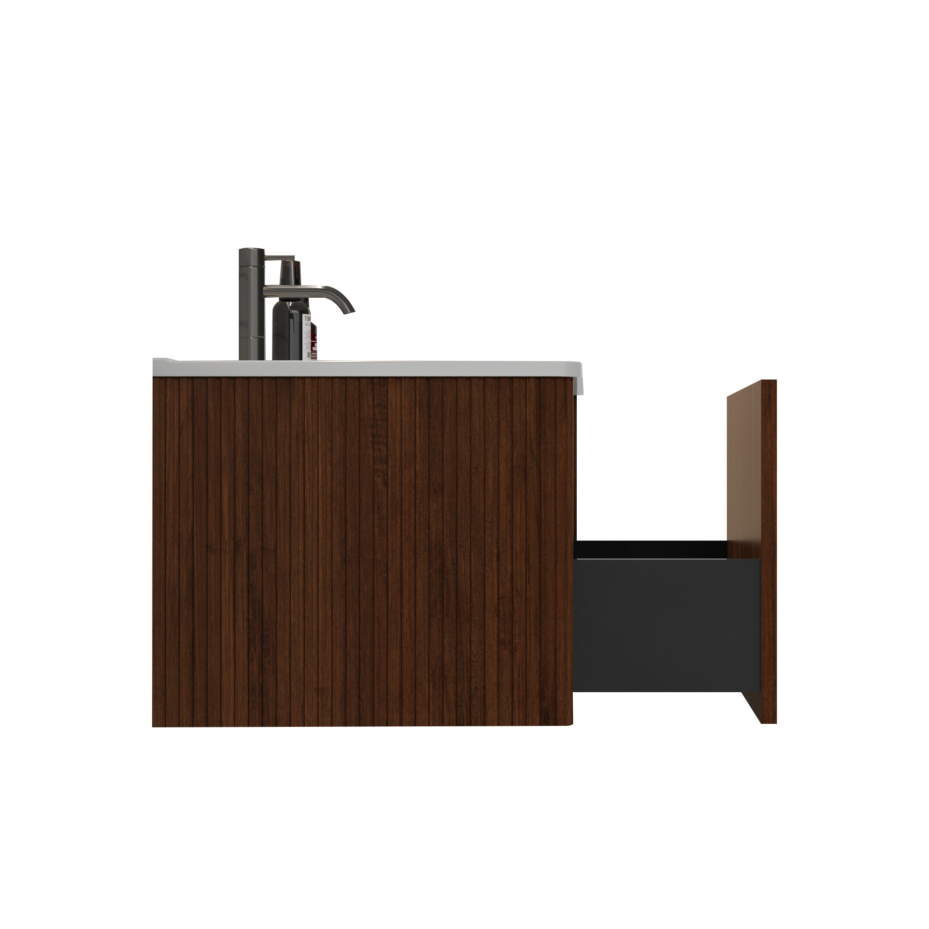Dark wood vanity with a partially opened drawer and a chrome faucet