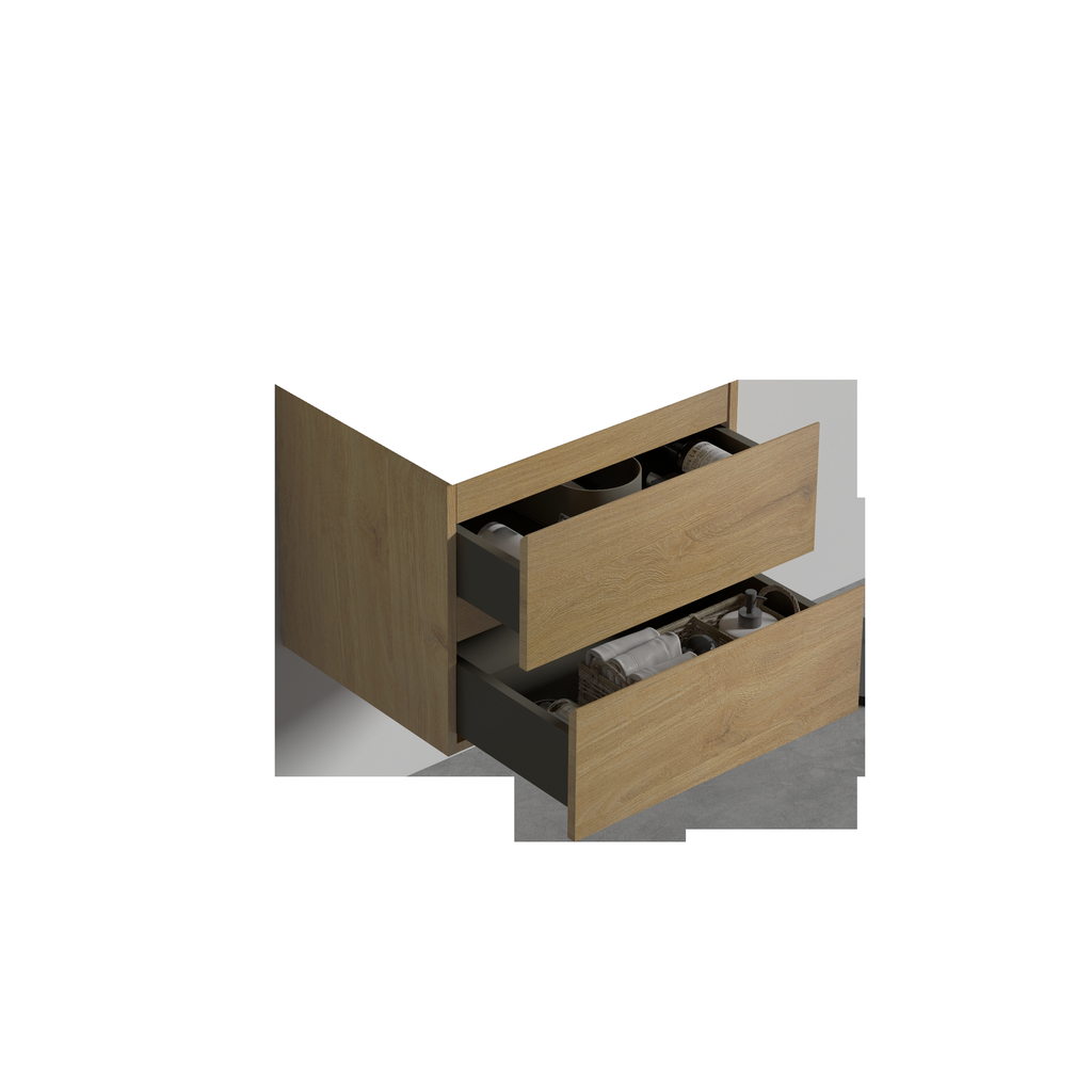 Natural oak finish vanity with two open drawers displaying toiletries and storage items