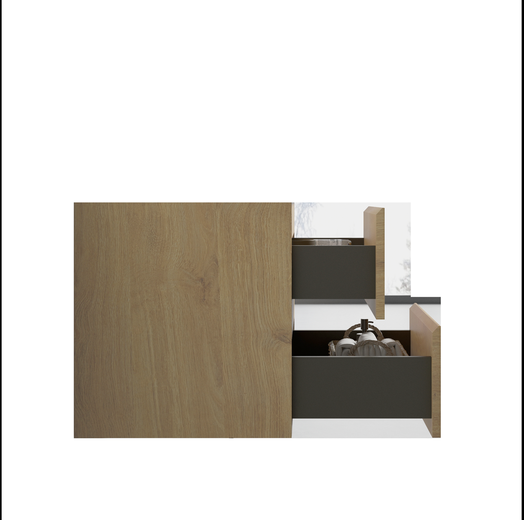 Modern oak veneer cabinet with dark grey drawers showcasing kitchen essentials