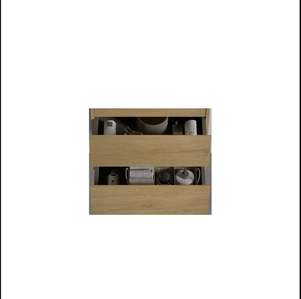 Wooden bathroom vanity with two open drawers displaying toiletries and organizers