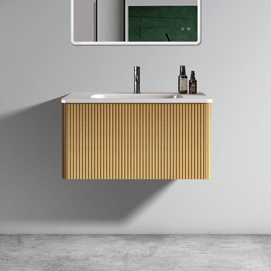 Modern floating bathroom vanity with fluted wood texture and integrated sink