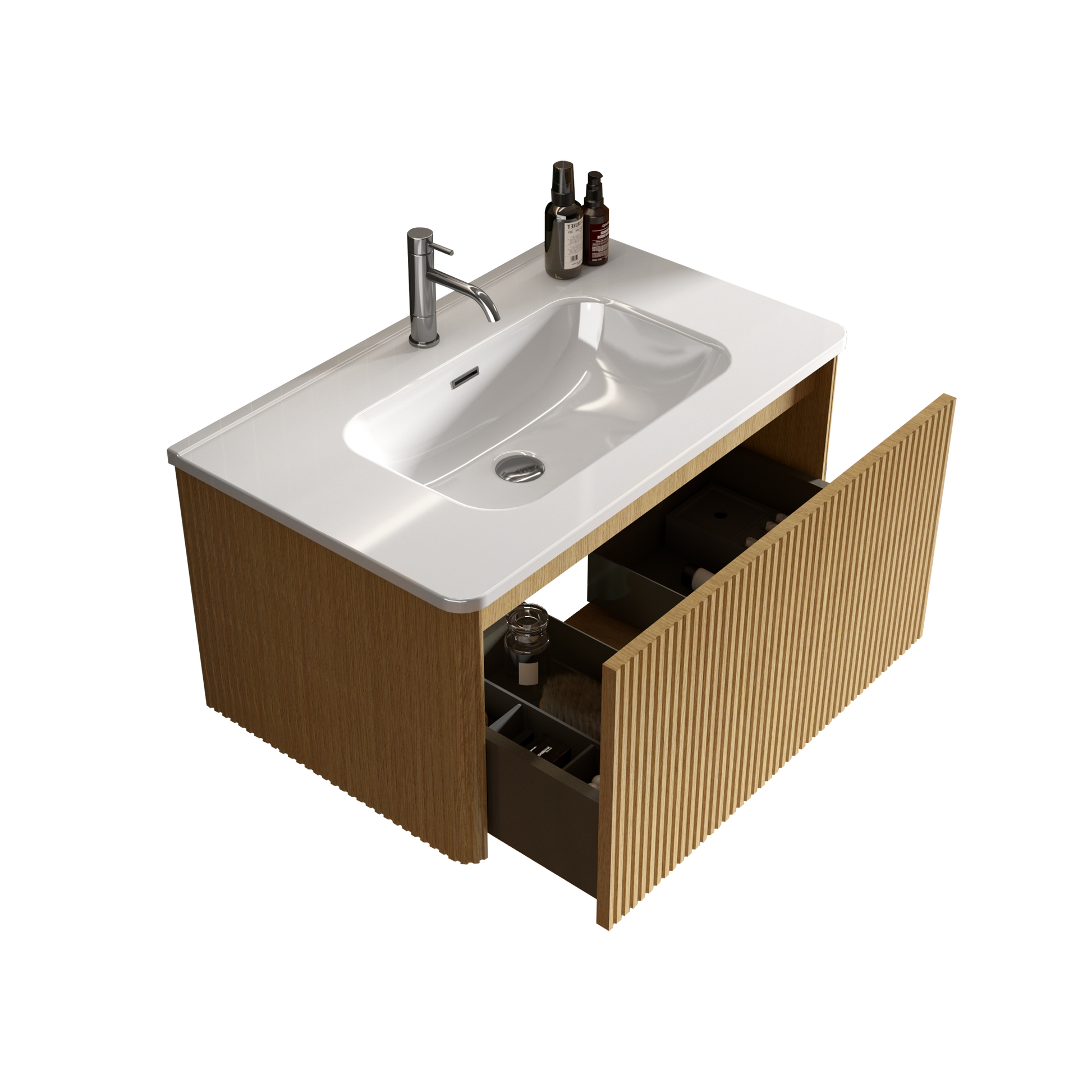 Modern wallmounted bathroom vanity with fluted wood finish and integrated white sink