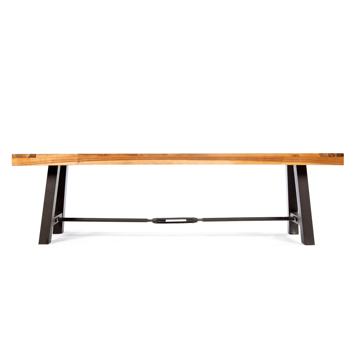 Wooden bench with dark metal legs and turnbuckle support ideal for industrial decor