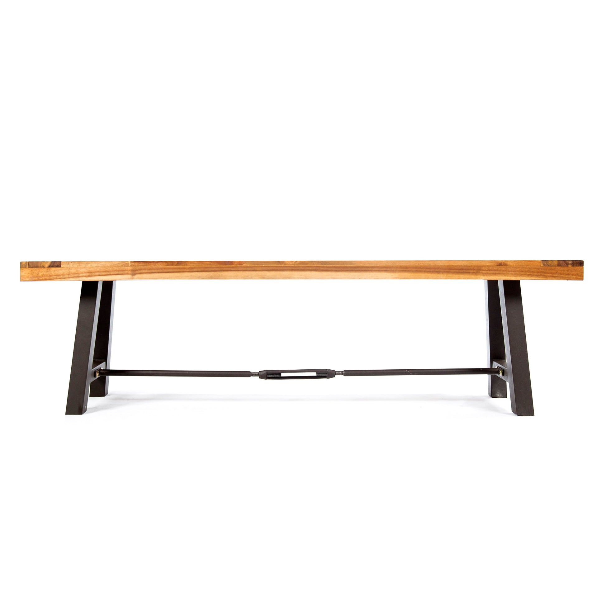 Wooden bench with dark metal legs and turnbuckle support ideal for industrial decor