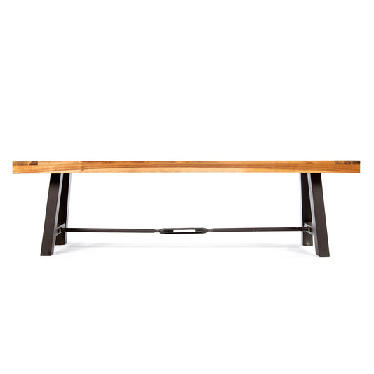 Wooden bench with dark metal legs and turnbuckle support ideal for industrial decor