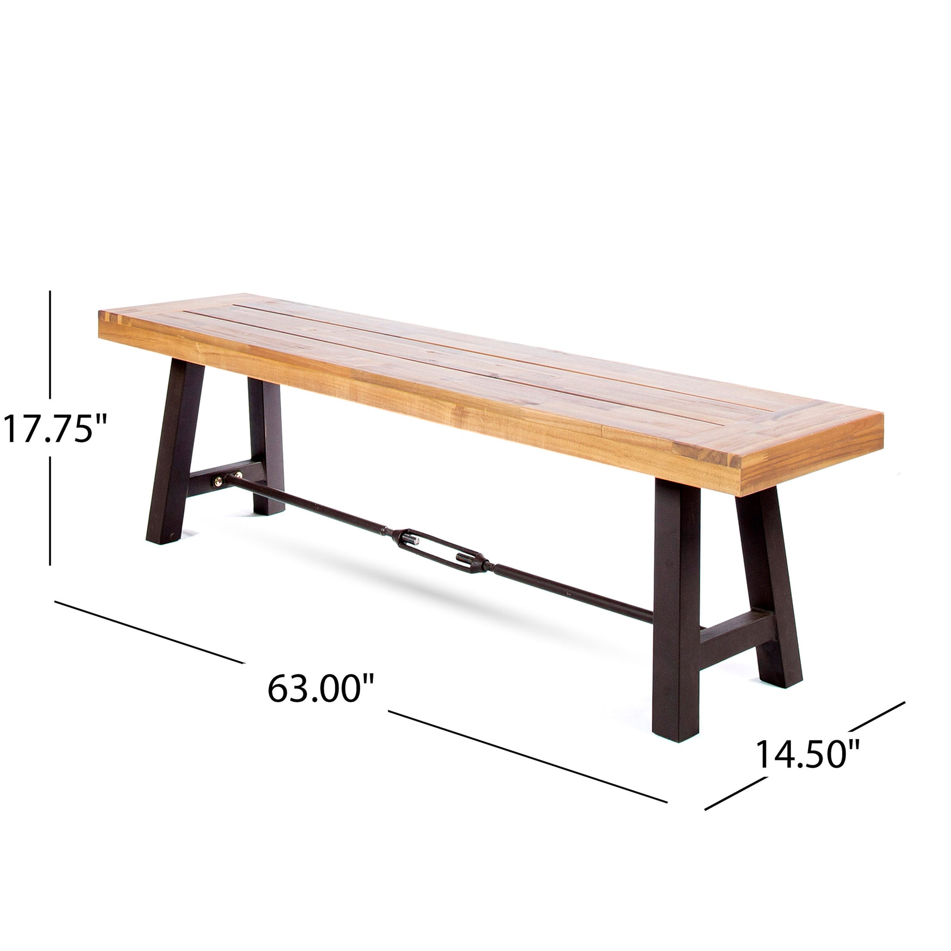 Long wooden plank bench with dark metal legs and center support rod