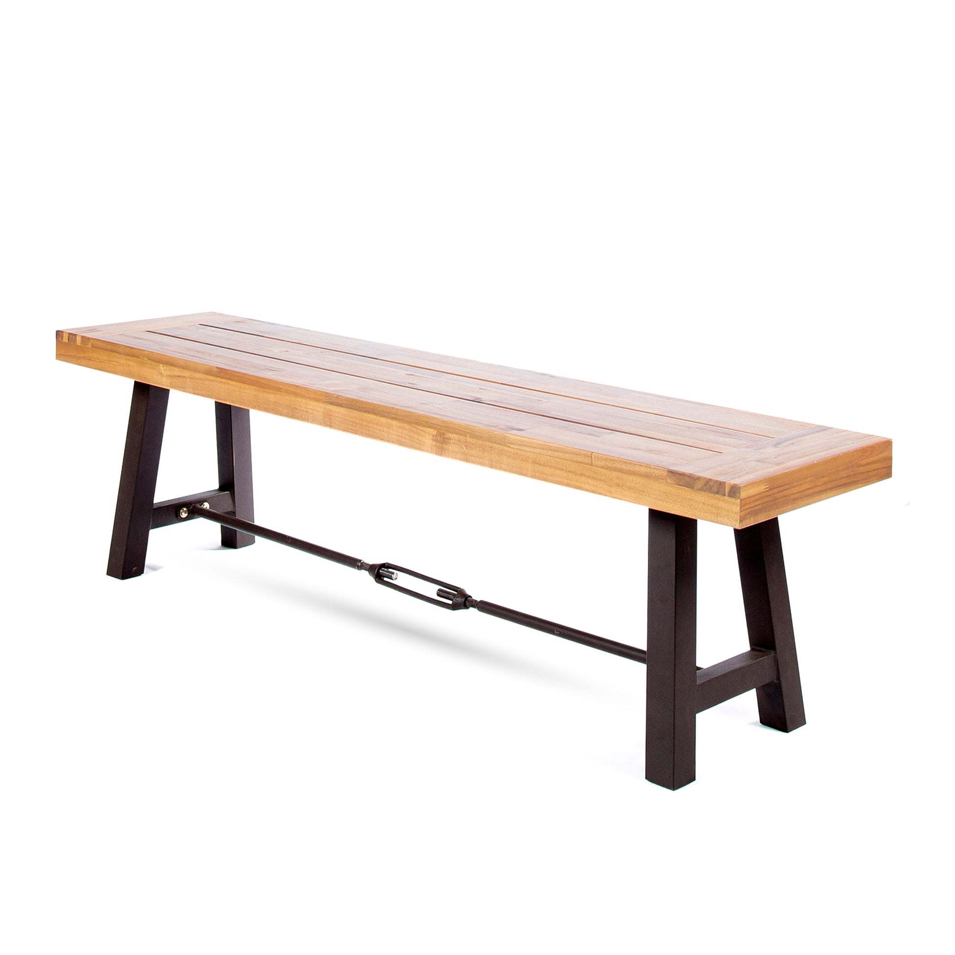 Long wooden bench with dark metal Aframe legs and a central turnbuckle for industrial style seating