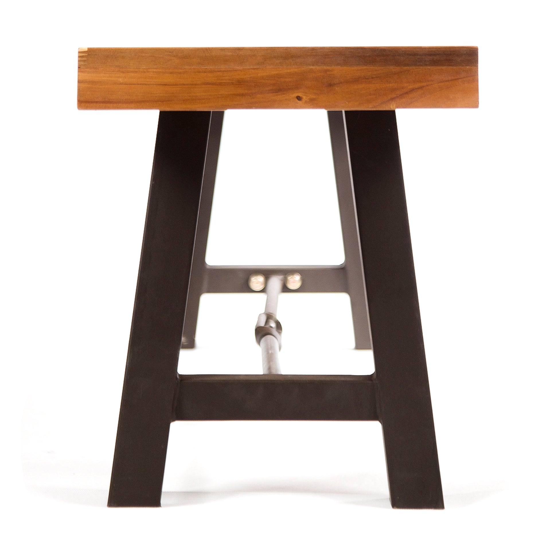 Wooden top industrial stool with black metal legs and adjustable footrest