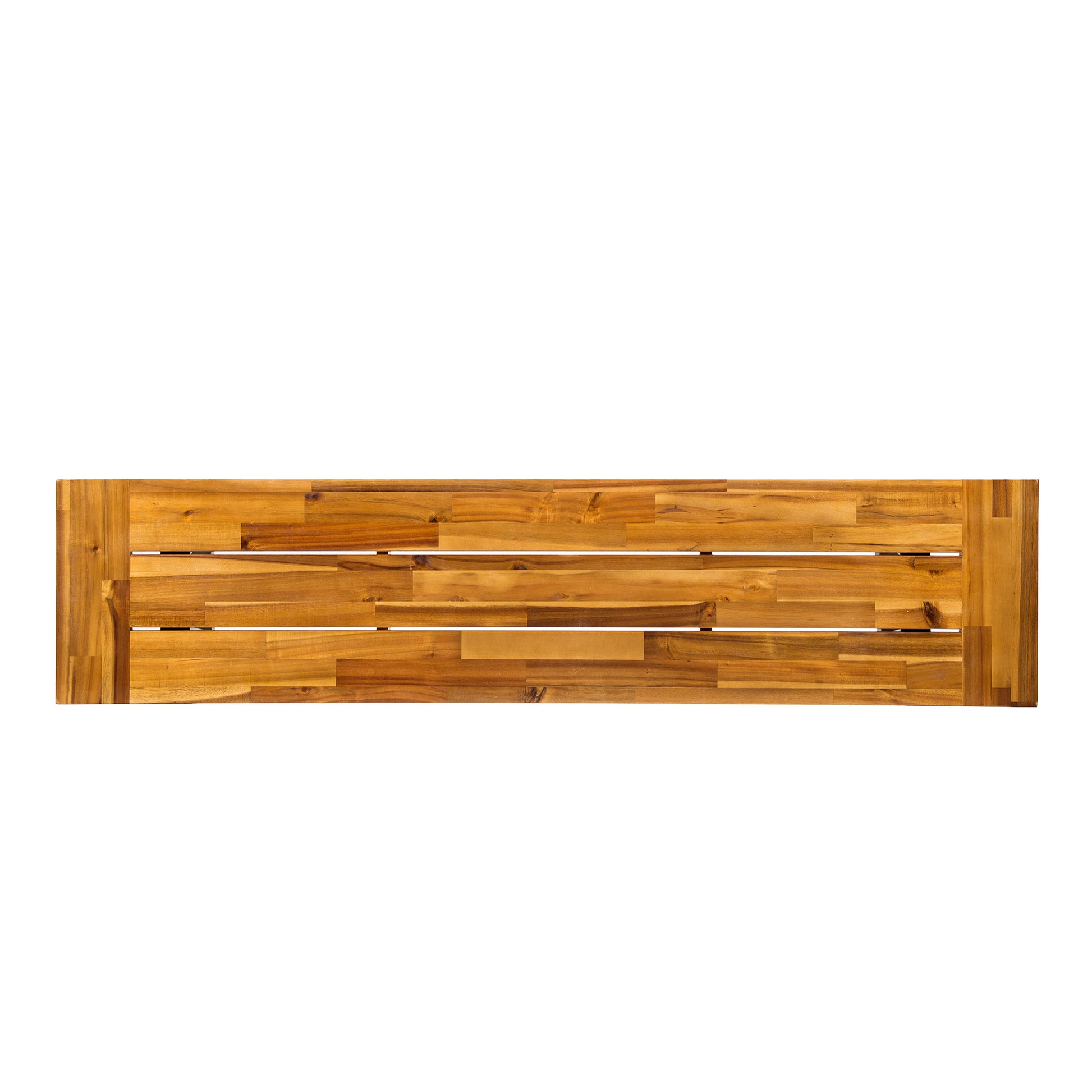 Richly grained acacia wood bench with a slatted modern design for outdoor seating