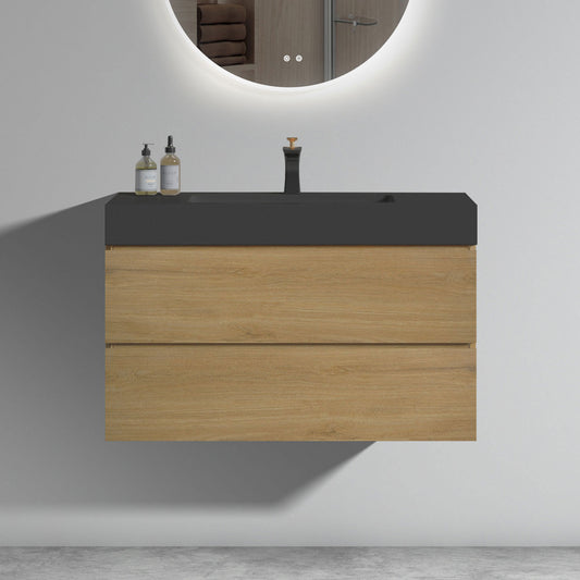 Modern oak vanity with a sleek black countertop and dual drawers for bathroom storage
