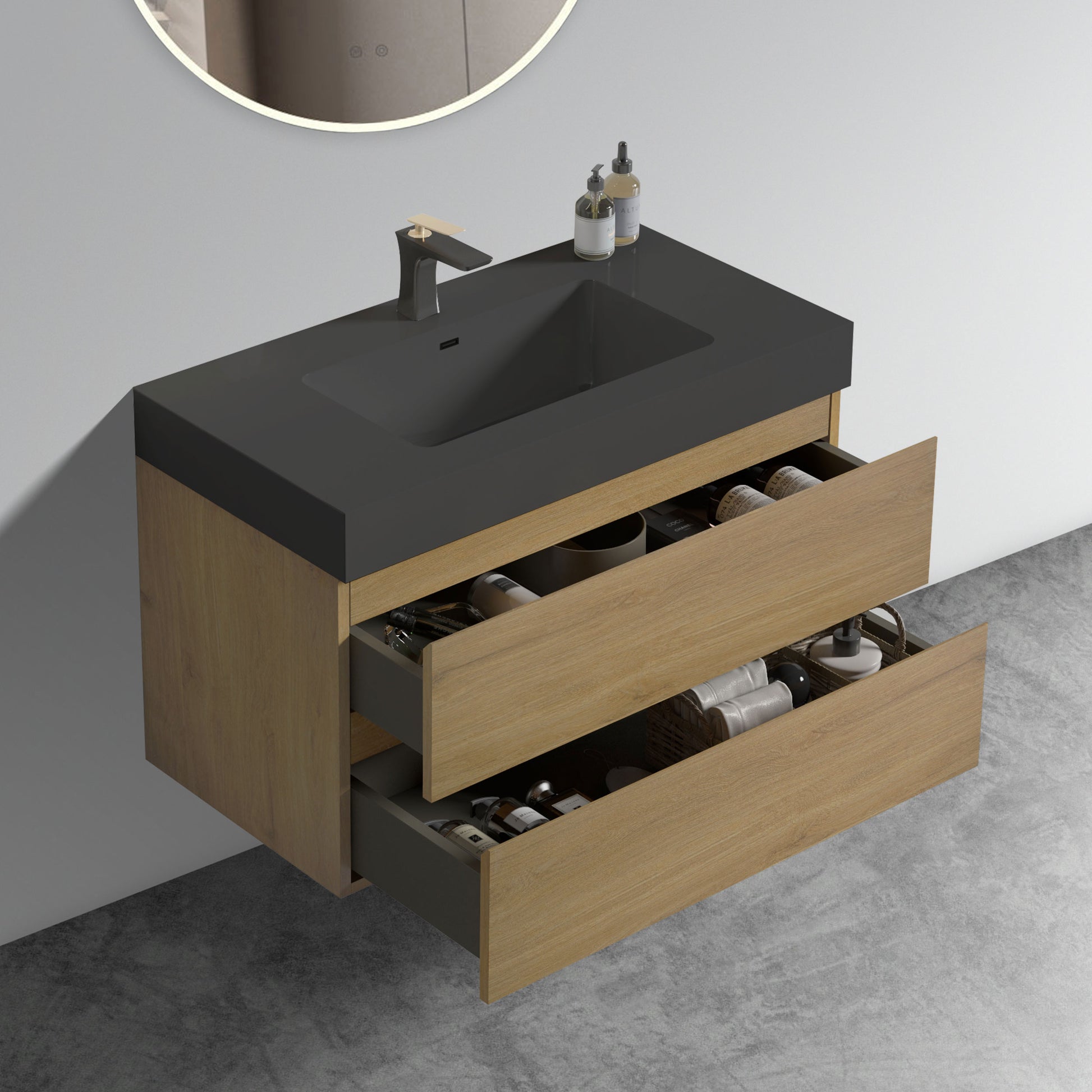 Modern wallmounted vanity with dark grey countertop oak drawers and gold faucet
