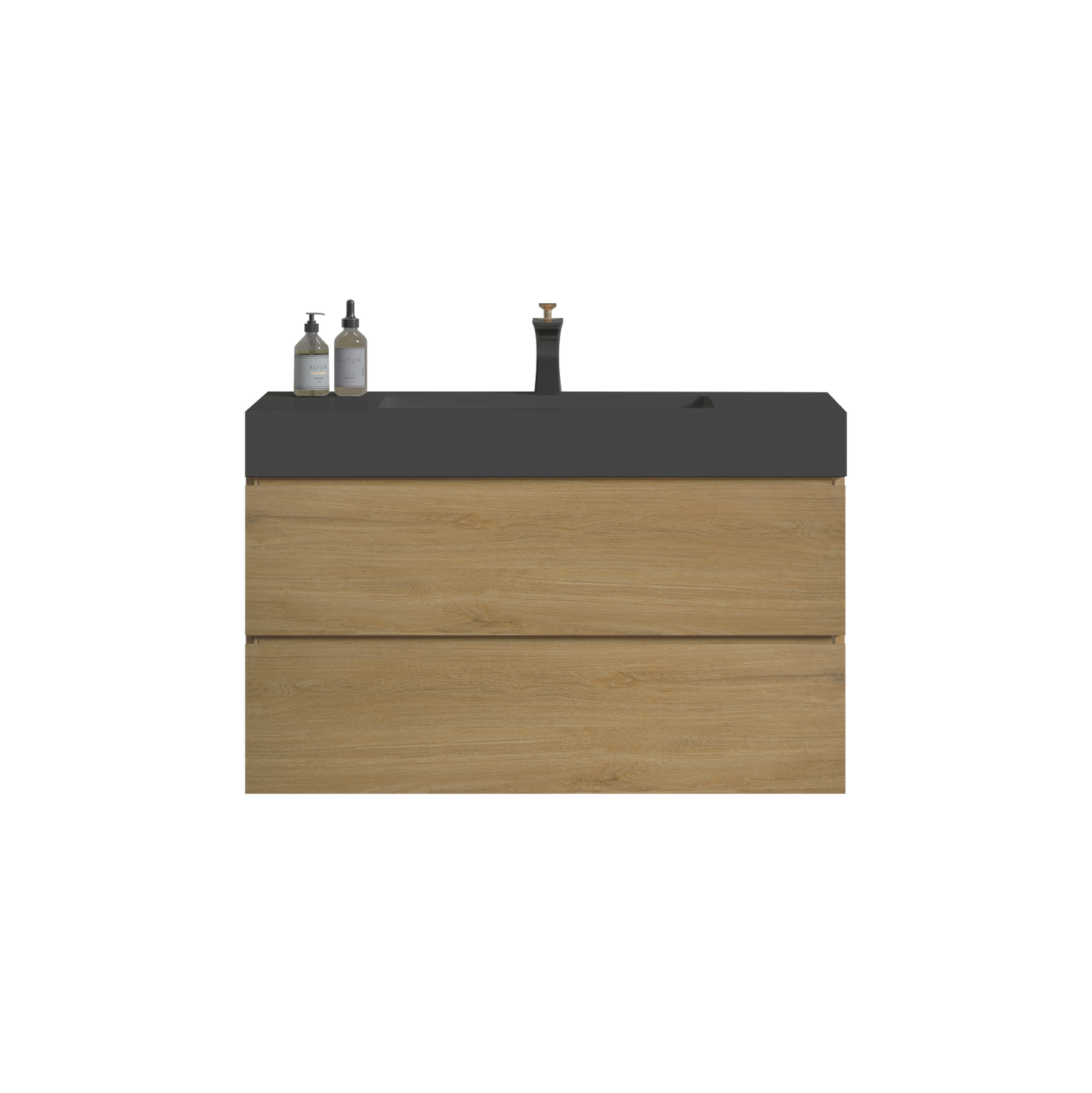 Modern oak bathroom vanity with dark grey countertop and matte black faucet
