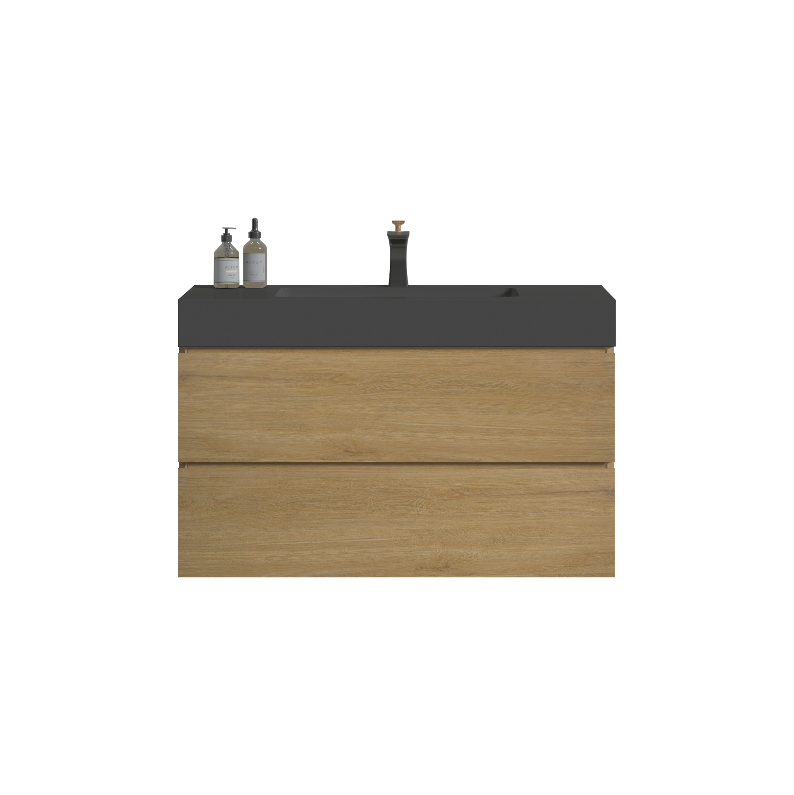 Modern oak bathroom vanity with dark grey countertop and matte black faucet