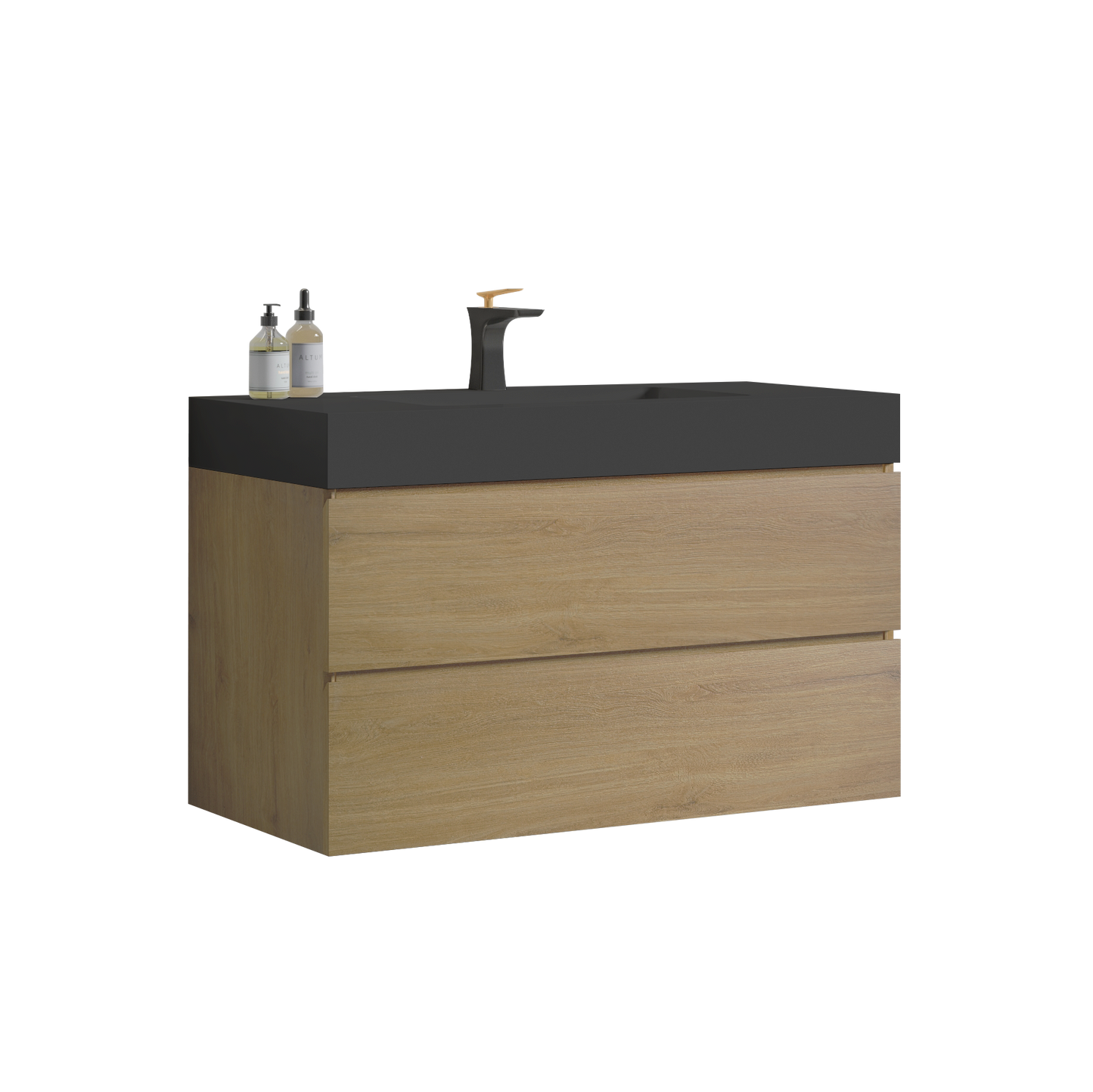 Modern oak vanity with a sleek black countertop and a striking goldaccented black faucet