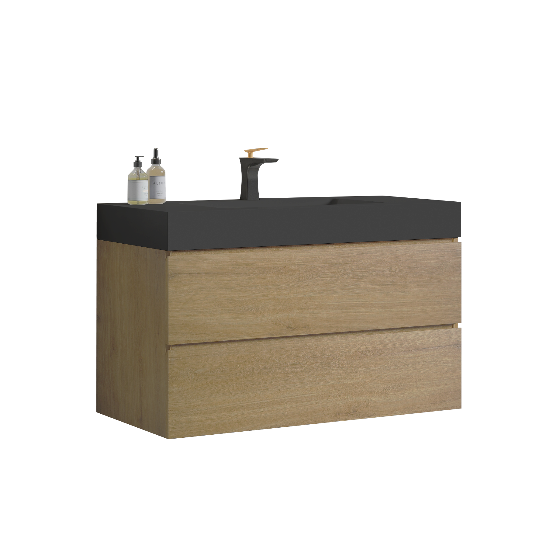 Modern oak vanity with a sleek black countertop and a striking goldaccented black faucet