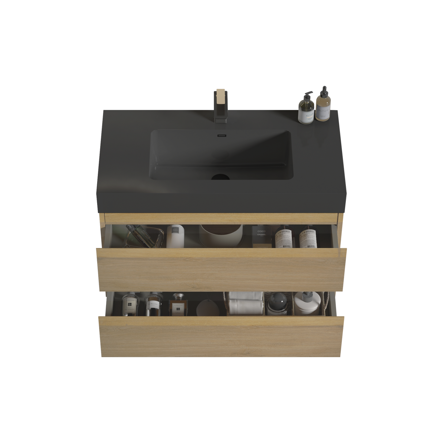 Modern oak vanity with dark grey countertop and organized toiletries inside drawers