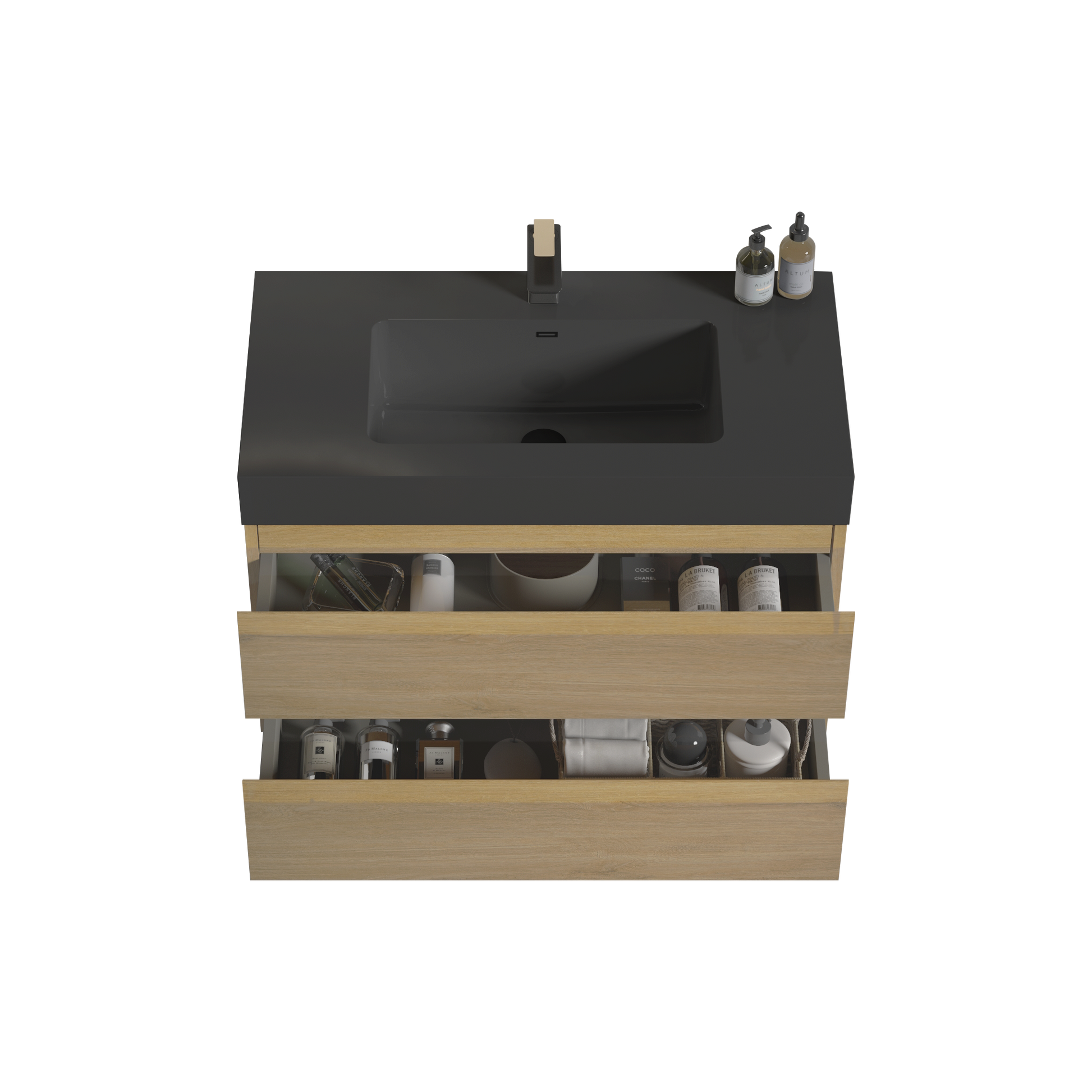 Modern oak vanity with dark grey countertop and organized toiletries inside drawers
