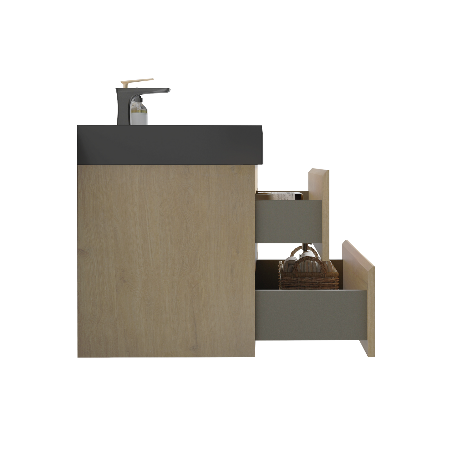 Modern oak vanity with dark gray countertop and open drawer revealing a woven basket