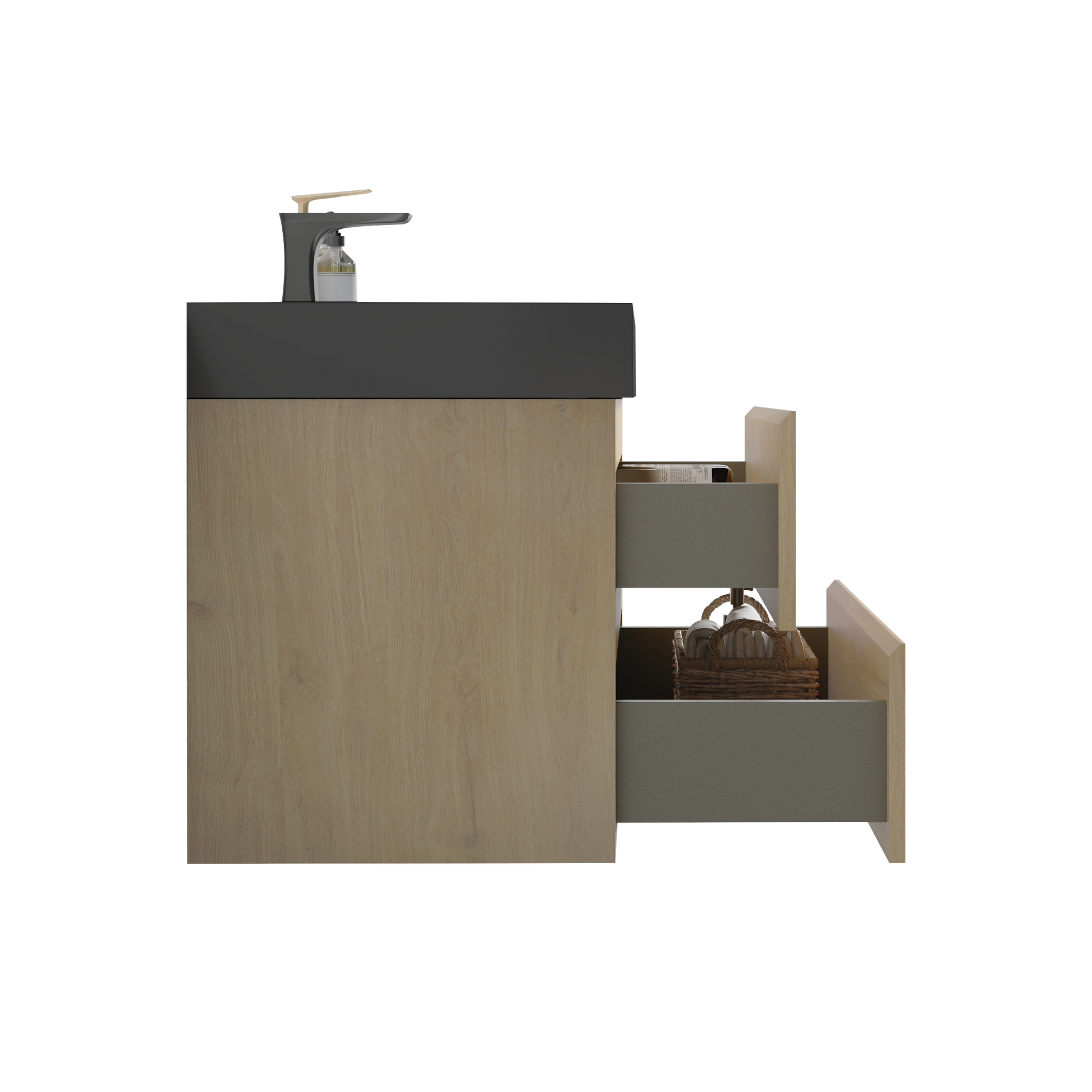 Modern oak vanity with dark gray countertop and open drawer revealing a woven basket
