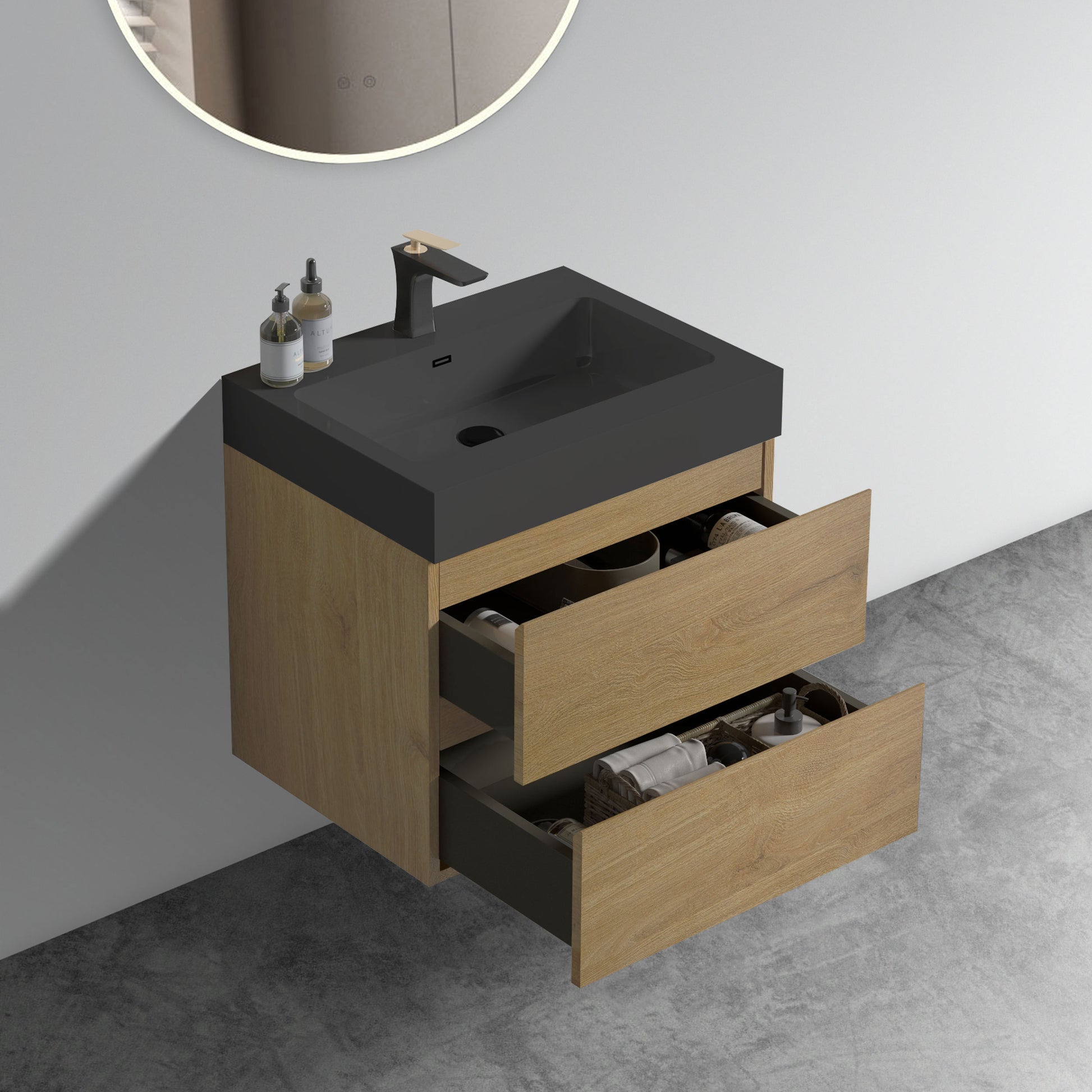Modern oak and black bathroom vanity with two drawers and a charcoal sink