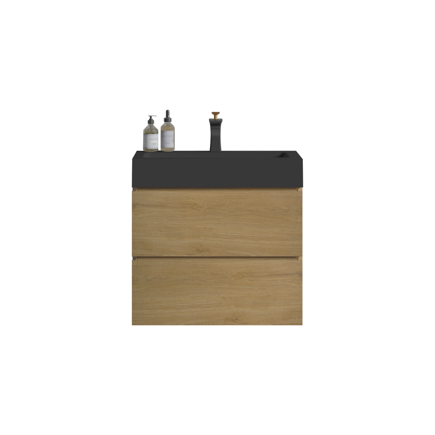 Modern oak vanity with black countertop and minimalist faucet