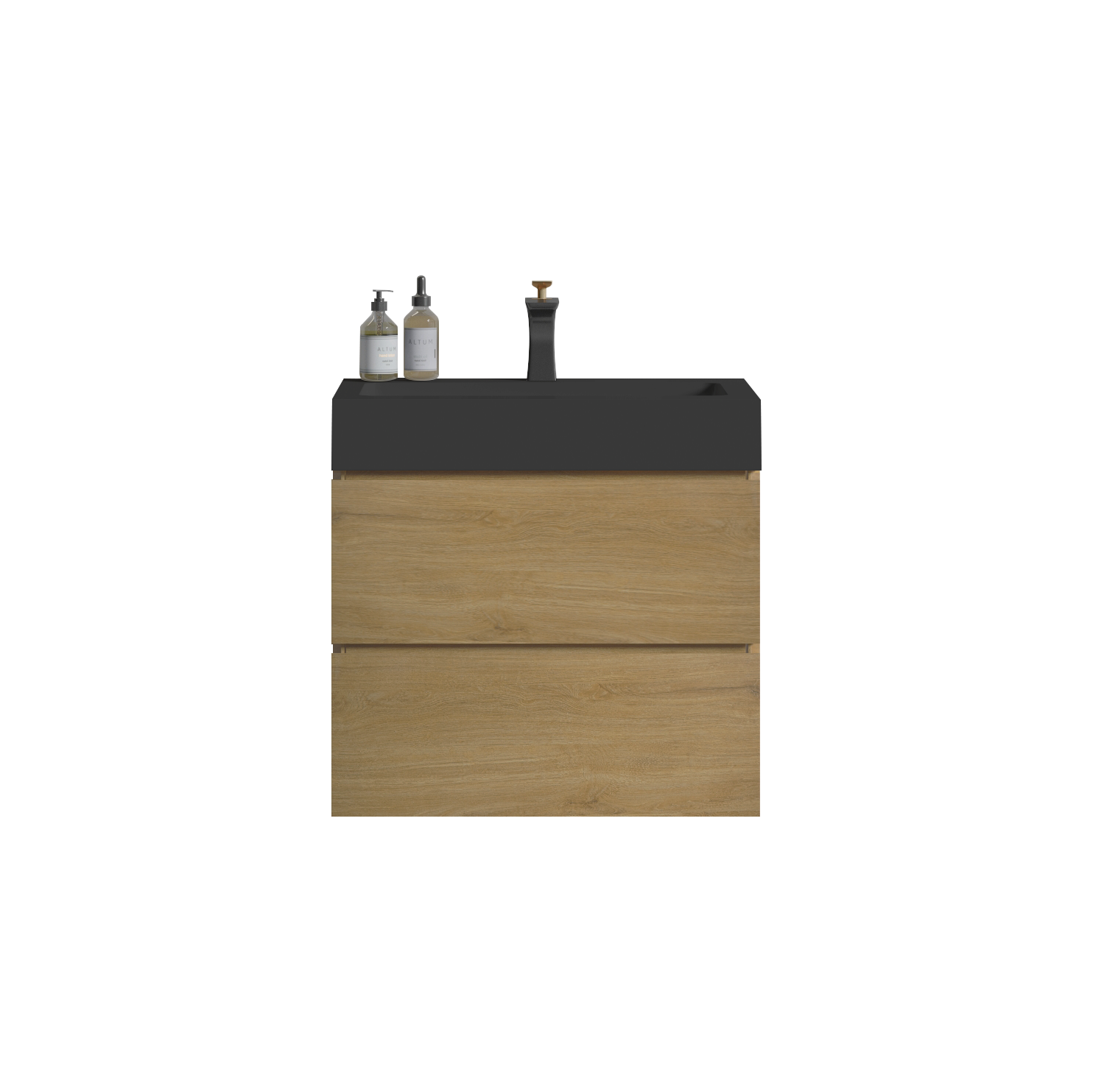 Modern oak vanity with black countertop and minimalist faucet