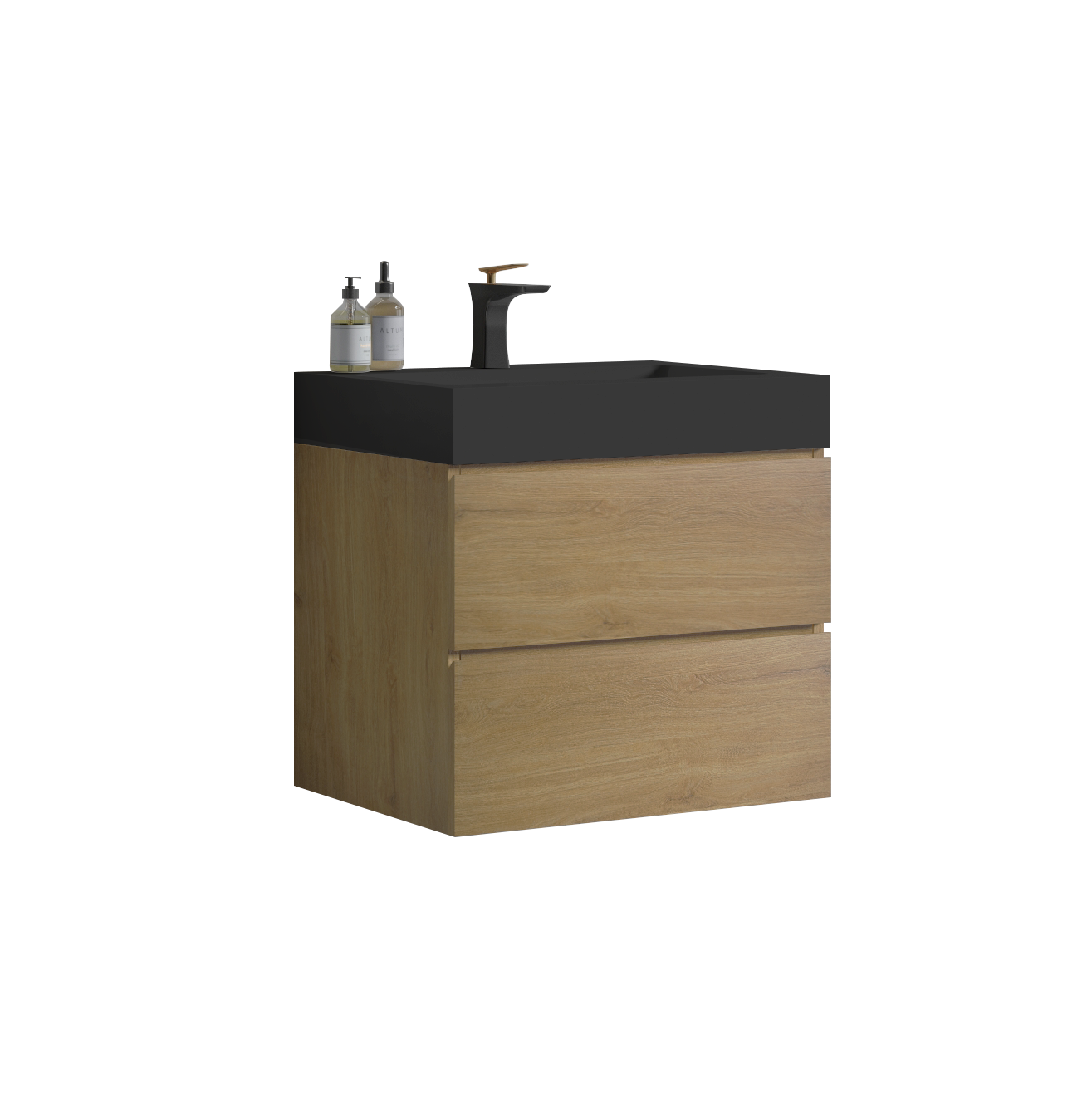 Modern oak bathroom vanity with black countertop and goldaccented faucet